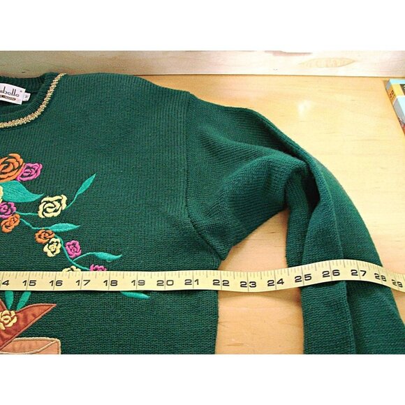 Vintage Lambelle Green Bright Floral Hat Design Tunic Sweater Wool Blend Sz M - Picture 7 of 12